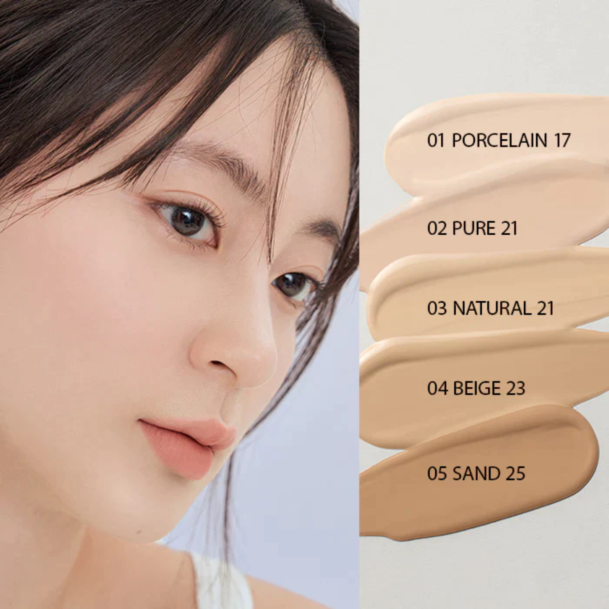 ROM&ND NU Zero Cushion - 5 Shades (15g) model picture with foundation swatches